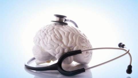 Ein weißes Kunstgehirn umwickelt von einem Stethoskop