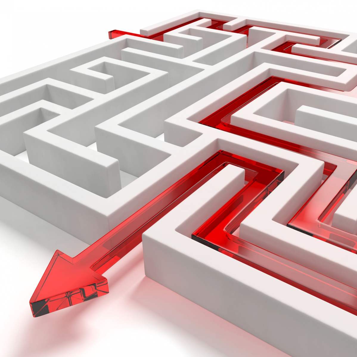 Grafik: Ein weifarbiges Labyrint indem ein roter, glasartiker Pfeil seinen Ausweg findet